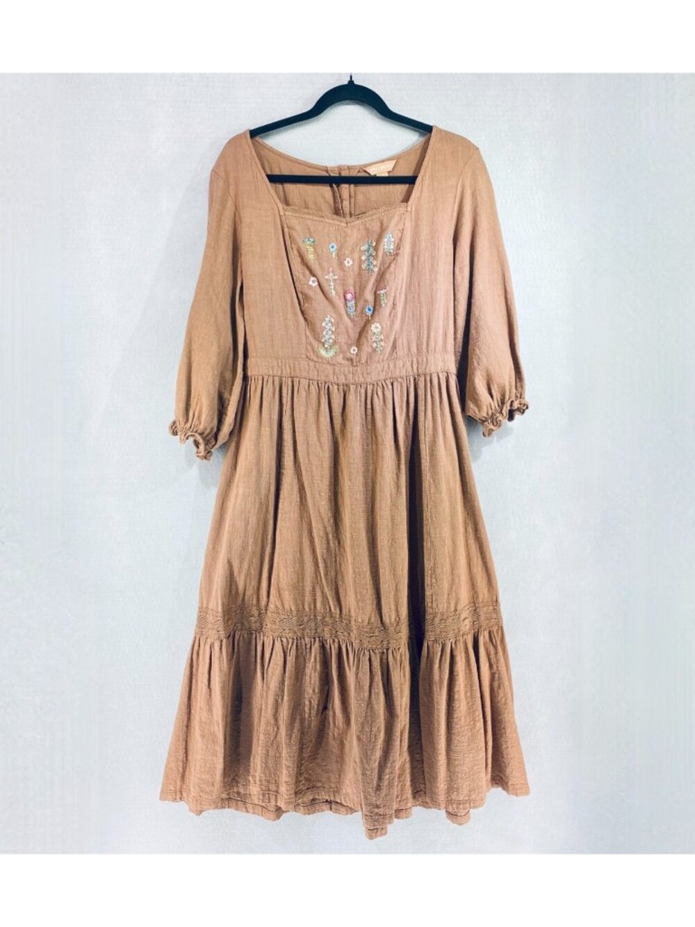 April Cornell Cottage Dress Womens L Tan Cotton Floral Tiered Maxi Boho